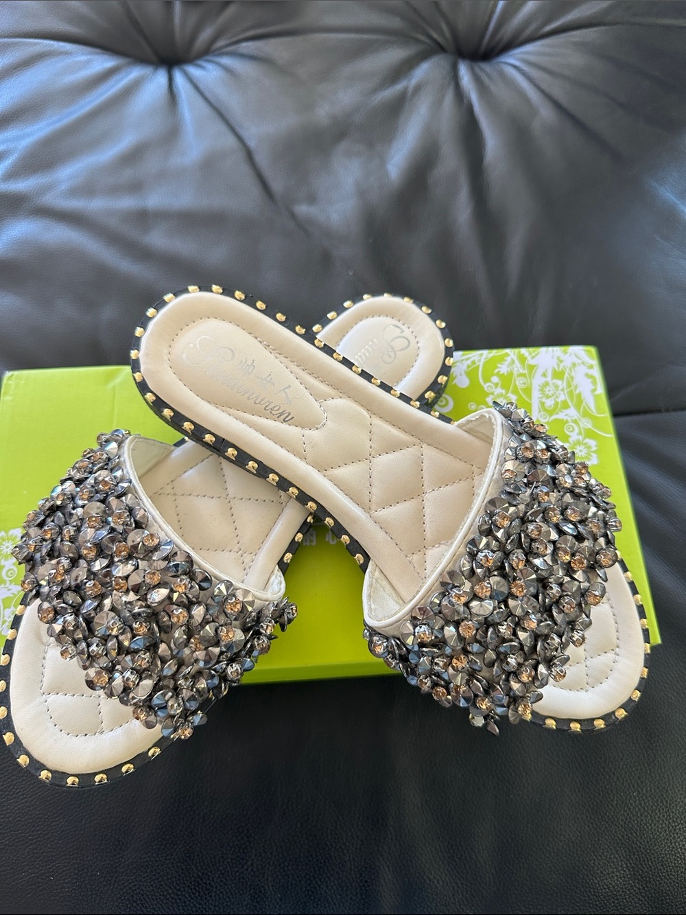 Crystal-Embellished Slide Mules in Beige by